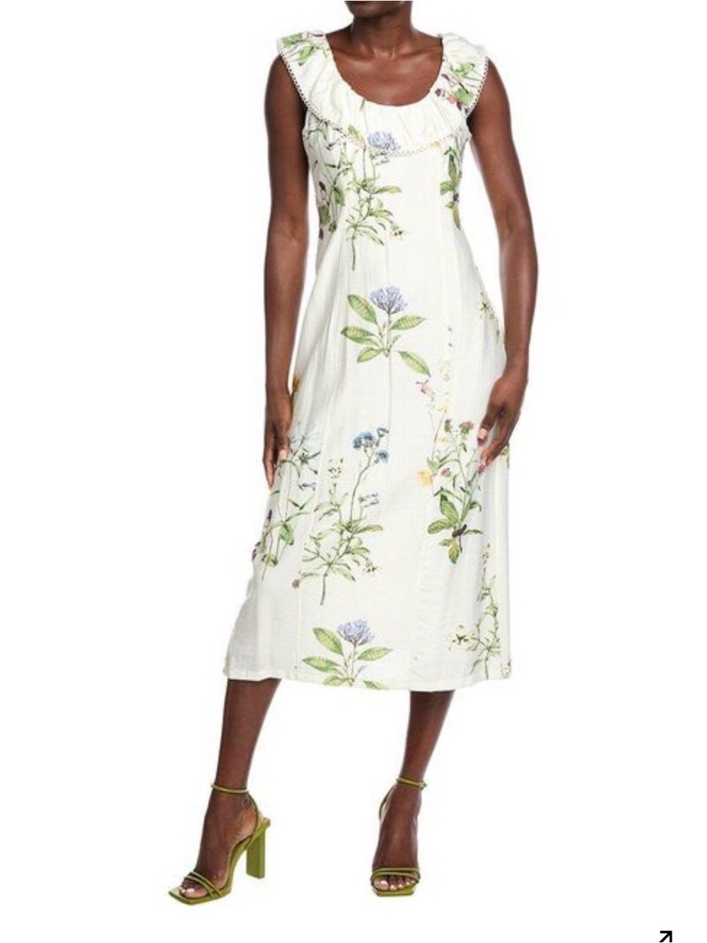 Zarr Collection Cream Floral Ruffled Scoop-Neck Midi Dress